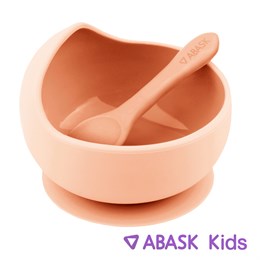 СИЛИКОНОВАЯ ТАРЕЛКА С ЛОЖКОЙ ABASK Kids, цвет персиковый